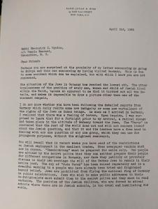 A letter from Rabbi Jonah B. Wise dated April 2, 1935 to Rabbi Frederick I. Rypins of Temple Emanuel, Greensboro, NC, documenting his experience of a trip to Germany.
